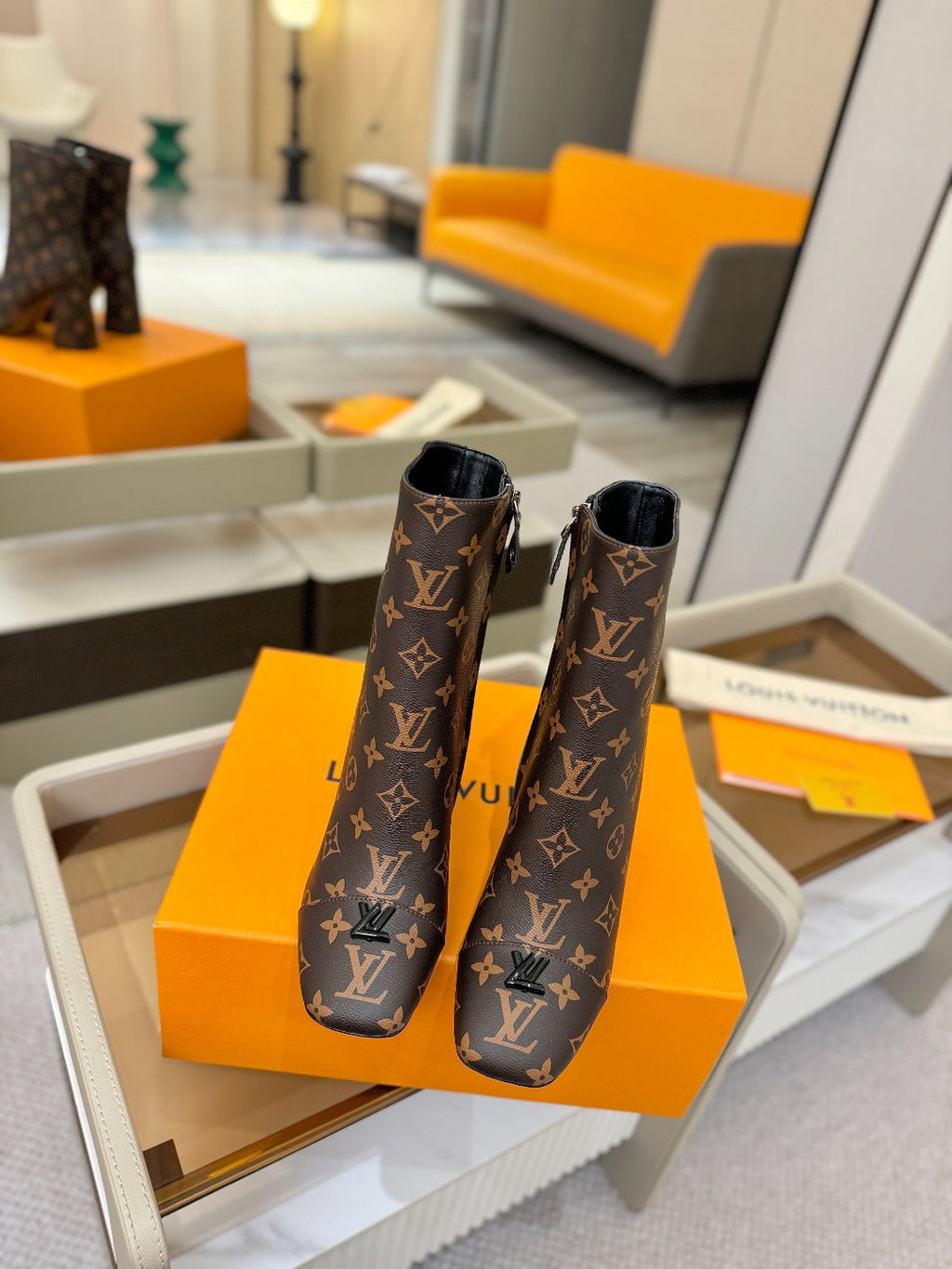 LV Ankle Boots 90 Monogram Brown Sheepskin 573714