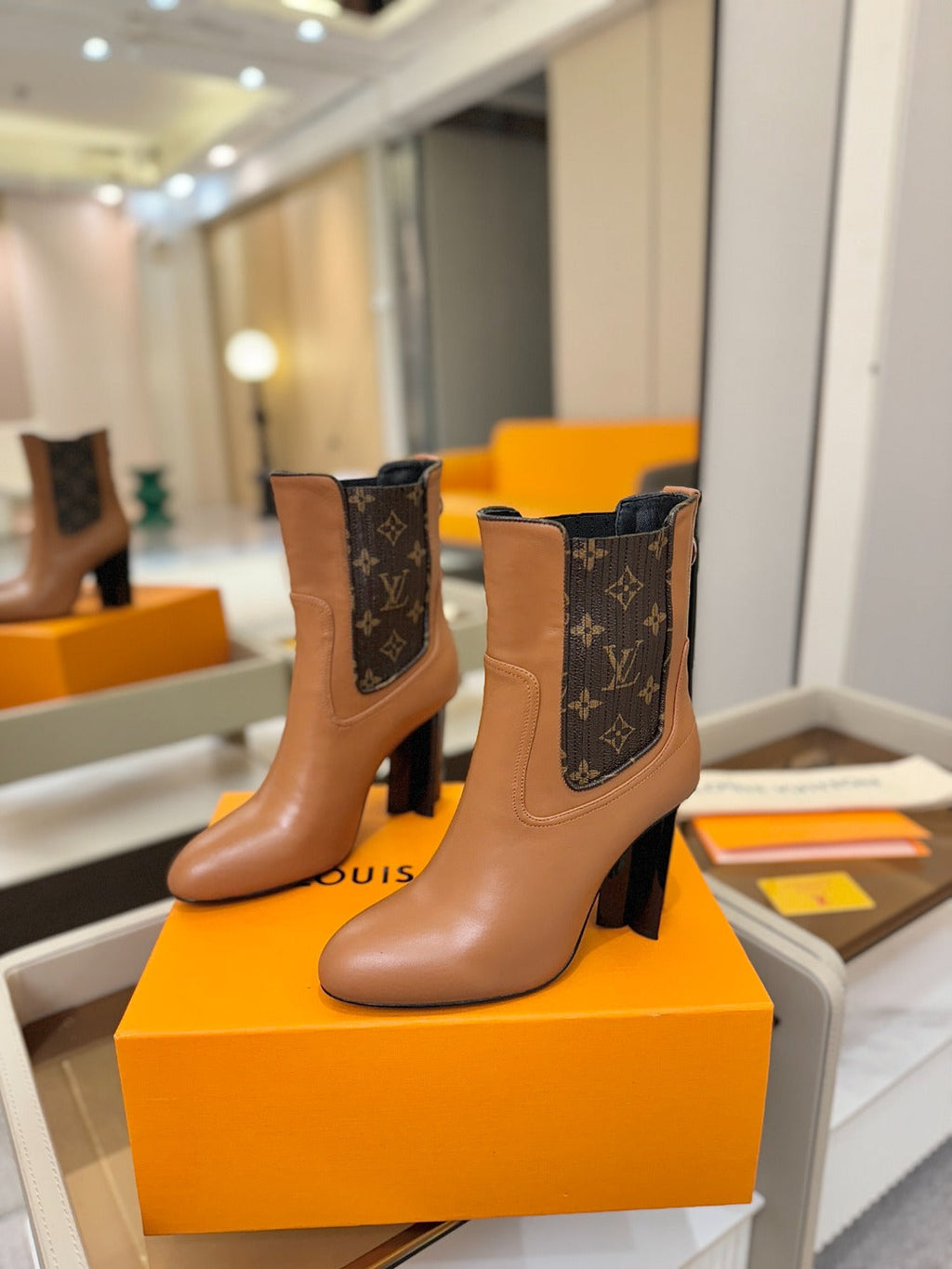LV 25 Runway Ankle Boots 95 Tan Monogram Brown Calfskin 573860