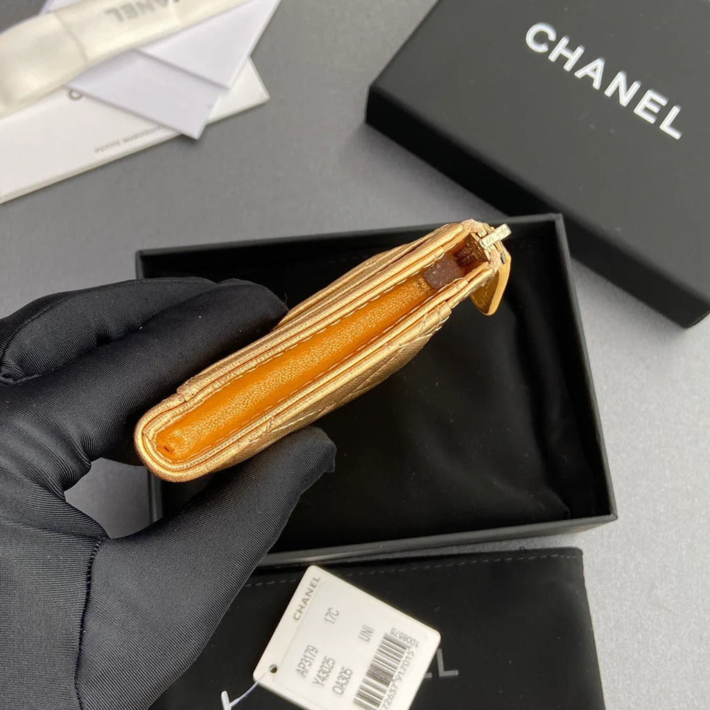Chanel 2026 Quilted Card Holder 13cm Gold Metallic Lambskin