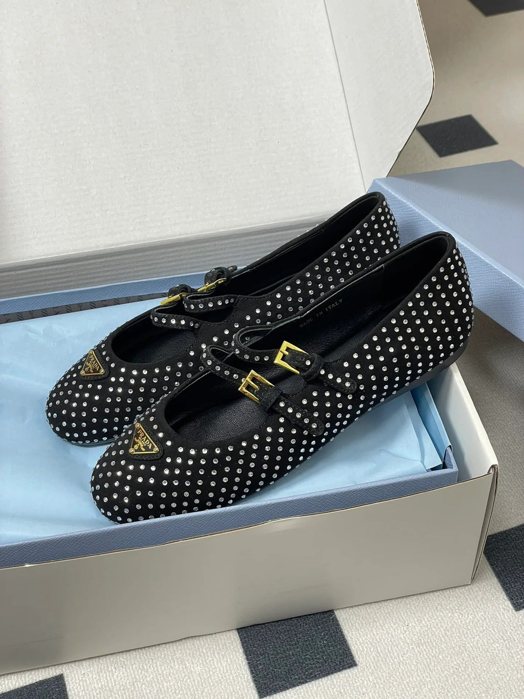 Prada 2025 Triangle Logo Rhinestone Ballet Flat Black Suede Sheepskin 247822