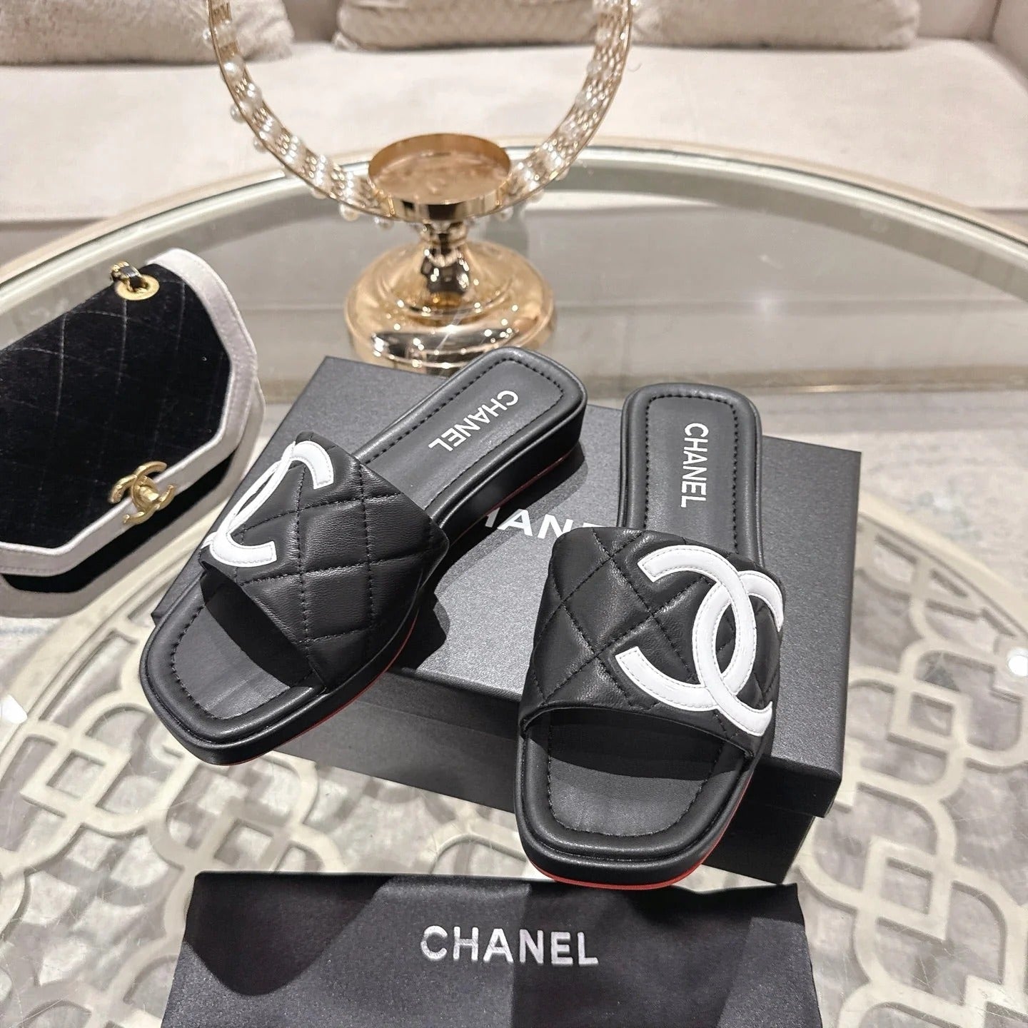 CC 26s Platform Slippers Black White Sheepskin 627072