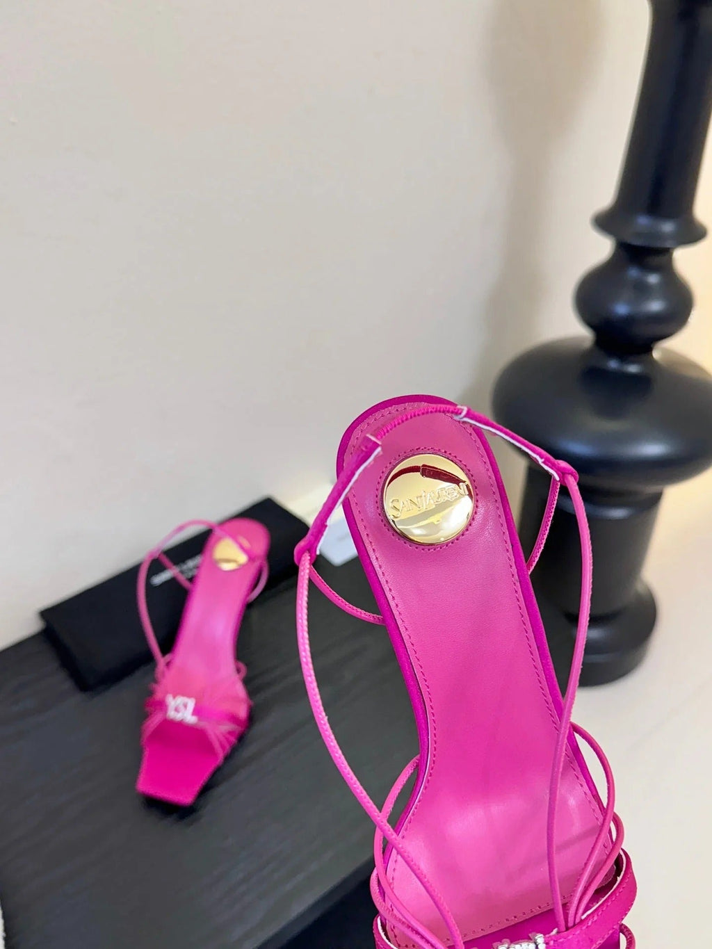 YSL 26ss Square Toe Sandals 70 Bright Pink Silk Sheepskin 651707