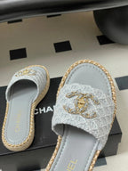 CC 26s Flat Slippers Gray Gold Fabric Sheepskin 649483