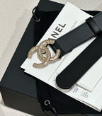 DOUBLE C BELT 30MM IN BLACK CALFSKIN GOLD BUCKLE WITH EMBOSSED CHECK PATTERN