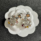 DOUBLE C STUD EARRINGS IN SILVER METAL WHITE PEARL MULTICOLOR STONES