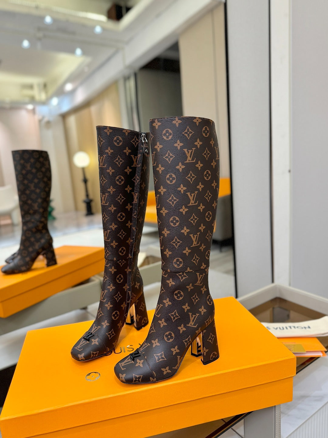 LV High Boots 85 Monogram Brown Sheepskin 573736