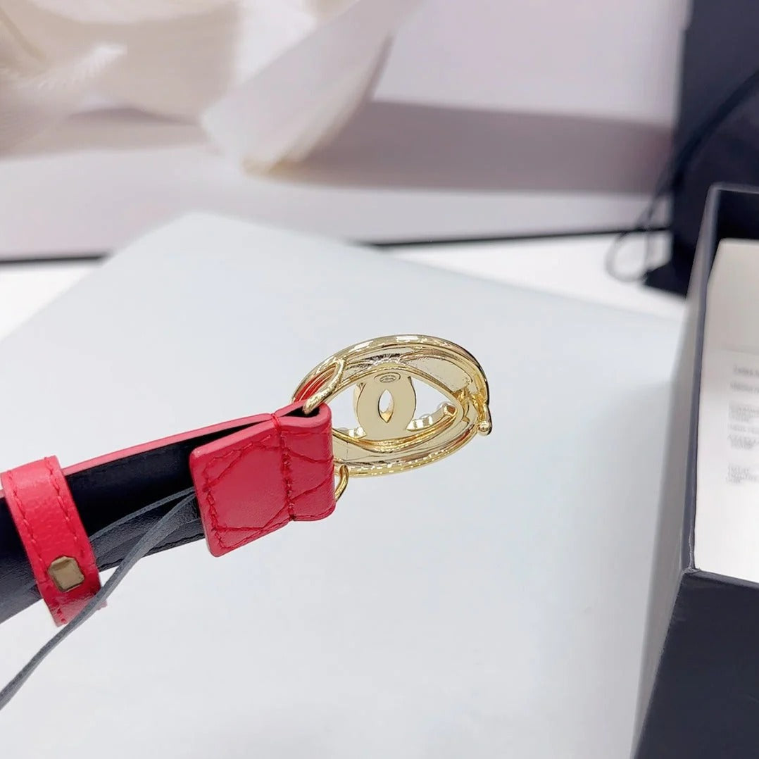 CC 30MM BELT IN CHERRY RED CALFSKIN GOLD HARDWARE ATTACH PEARLS