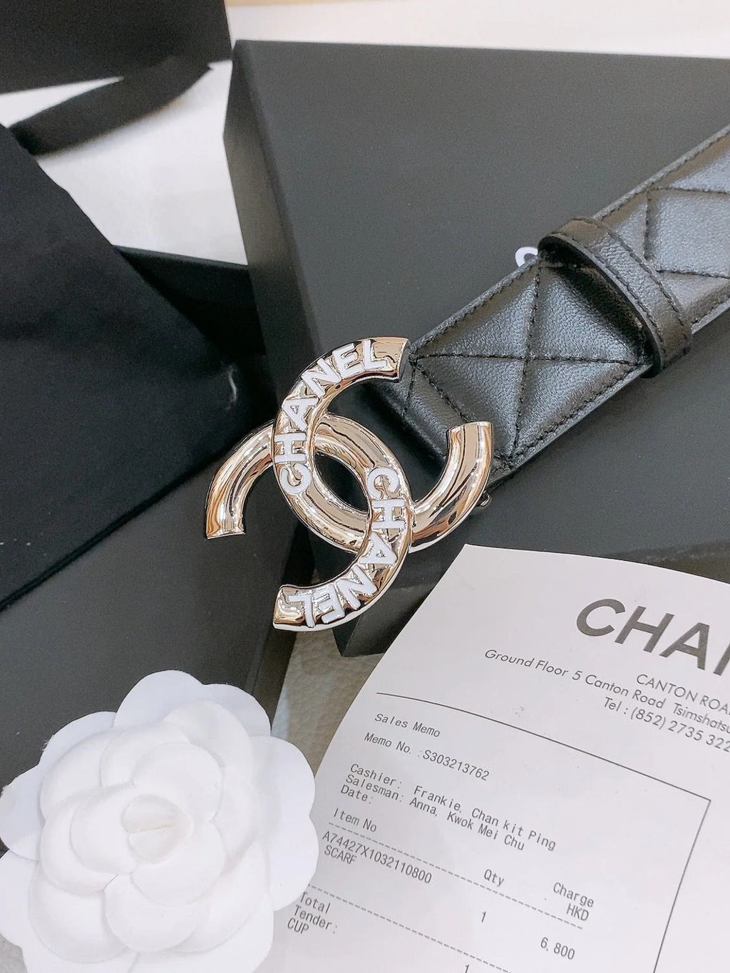DOUBLE C BELT 40MM IN BLACK QUILTED LAMBSKIN SILVER RESIN BUCKLE