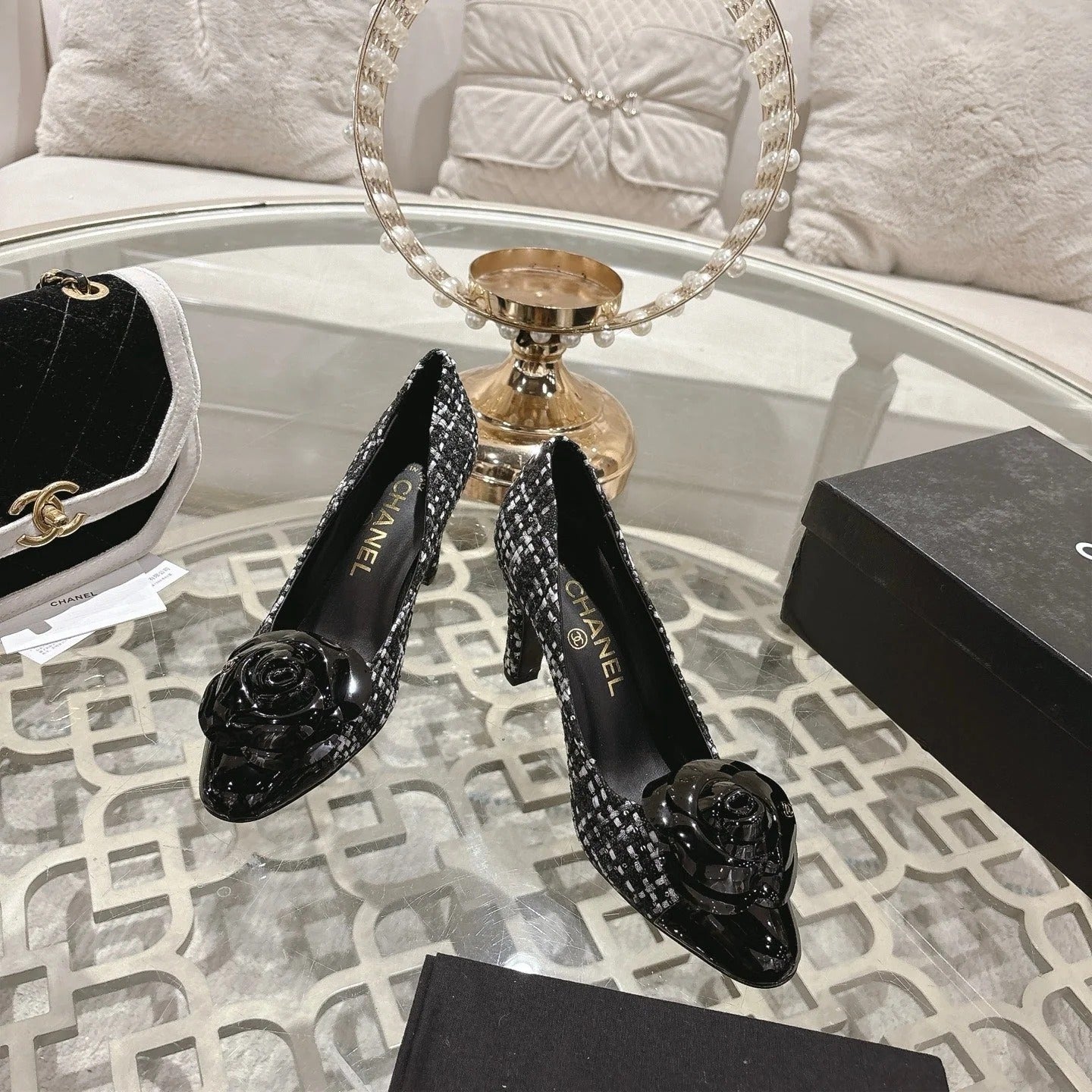 CC 26s High Heels Pump 85 Black White Wool Fabric 627015
