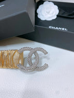 CC ELASTIC BELT 30MM IN GOLD CALFSKIN GOLD HARDWARE WITH RHINSTONES