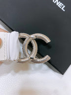 CC ELASTIC BELT 30MM IN WHITE CALFSKIN SILVER HARDWARE WITH RHINSTONES