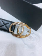 DOUBLE C BELT 38MM IN BLACK QUILTED LAMBSKIN WITH GOLD OVAL BUCKLE CENTERED LOGO
