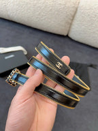 BELT 20MM IN BLACK CALFSKIN WITH INTERWOVEN CHAIN BUCKLE ZIPPER IN TRIM GOLD HARDWARE