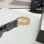 CC 30MM BELT IN BLACK CALFSKIN GOLD HARDWARE ATTACH PEARLS