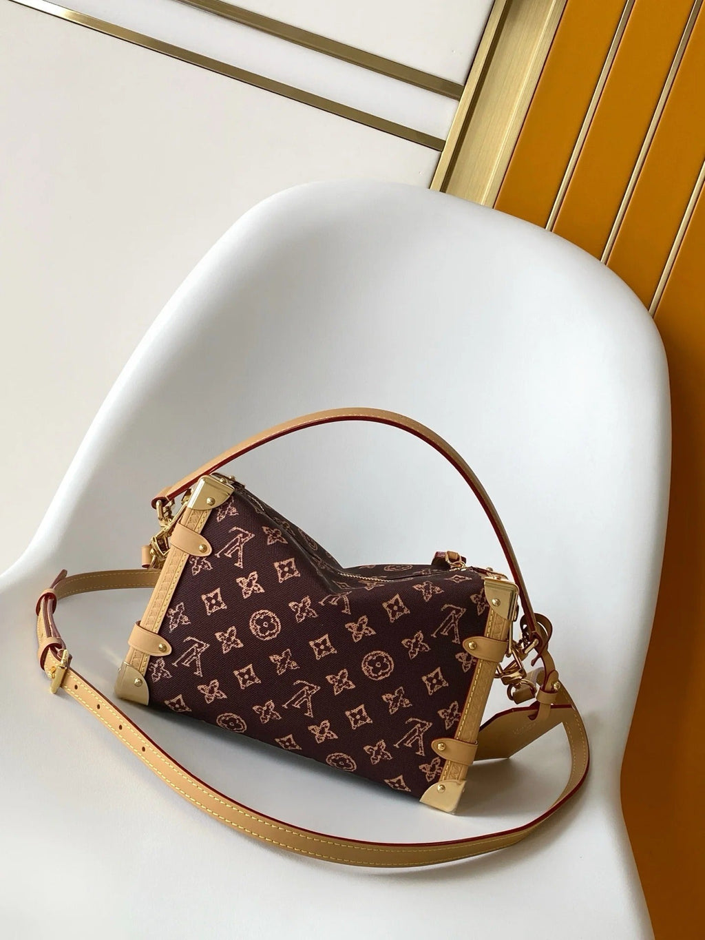 Louis Vuitton 2026 Side Trunk MM Bag Brown Tan Monogram Canvas Cowhide