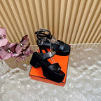 HM 25S CLASSIC WEDGE SANDALS 70 MM IN BLACK LAMBSKIN WITH SILVER HARDWARE
