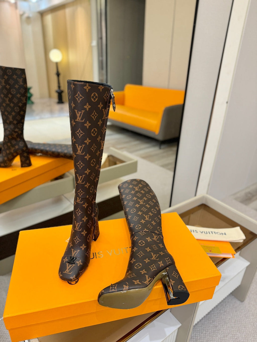 LV High Boots 85 Monogram Brown Sheepskin 573736