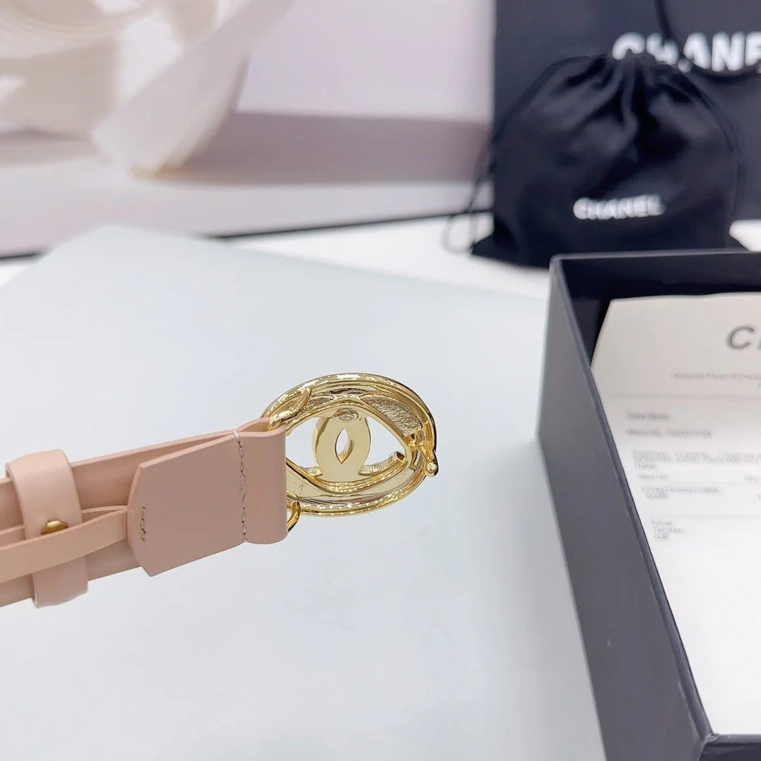 CC 30MM BELT IN NUDE BEIGE CALFSKIN GOLD HARDWARE ATTACH PEARLS