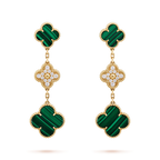 CLOVER EARRINGS GOLD MALACHITE DIAMOND 3 MOTIF