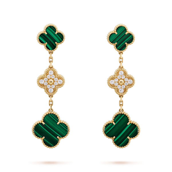 CLOVER EARRINGS GOLD MALACHITE DIAMOND 3 MOTIF