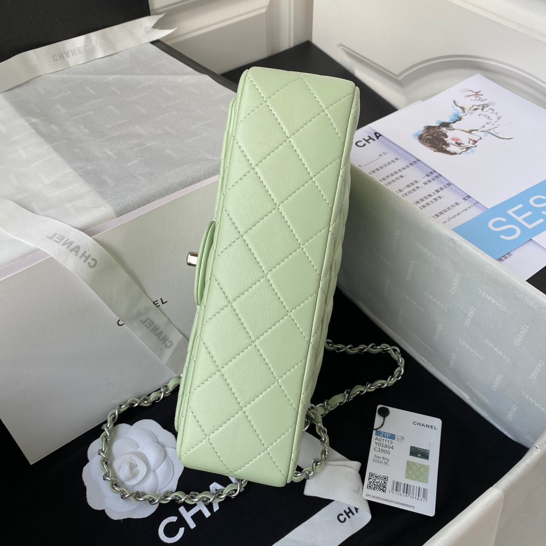 Medium Classic Flap Bag 23cm Light Green Lambskin Silver Hardware