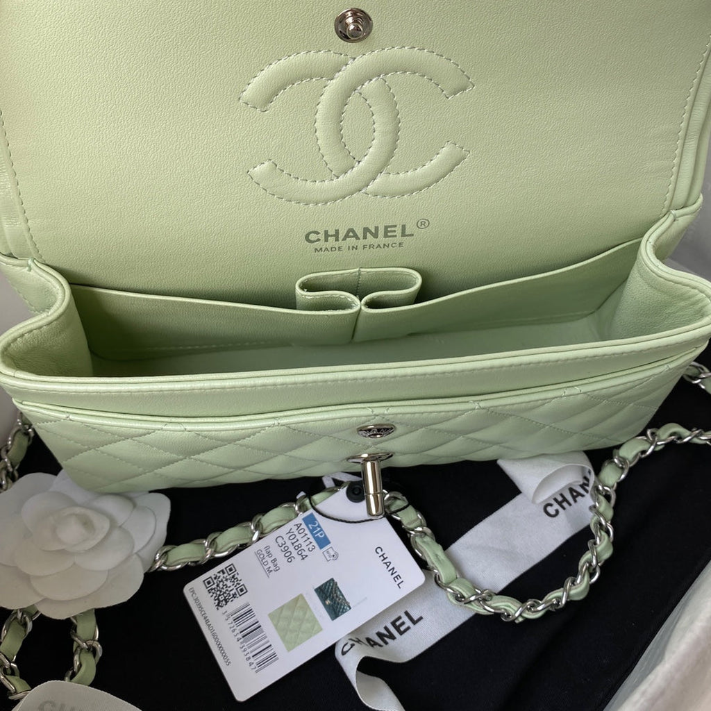 Medium Classic Flap Bag 23cm Light Green Lambskin Silver Hardware