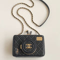 CC 2025 camera bag black lambskin gold hardware