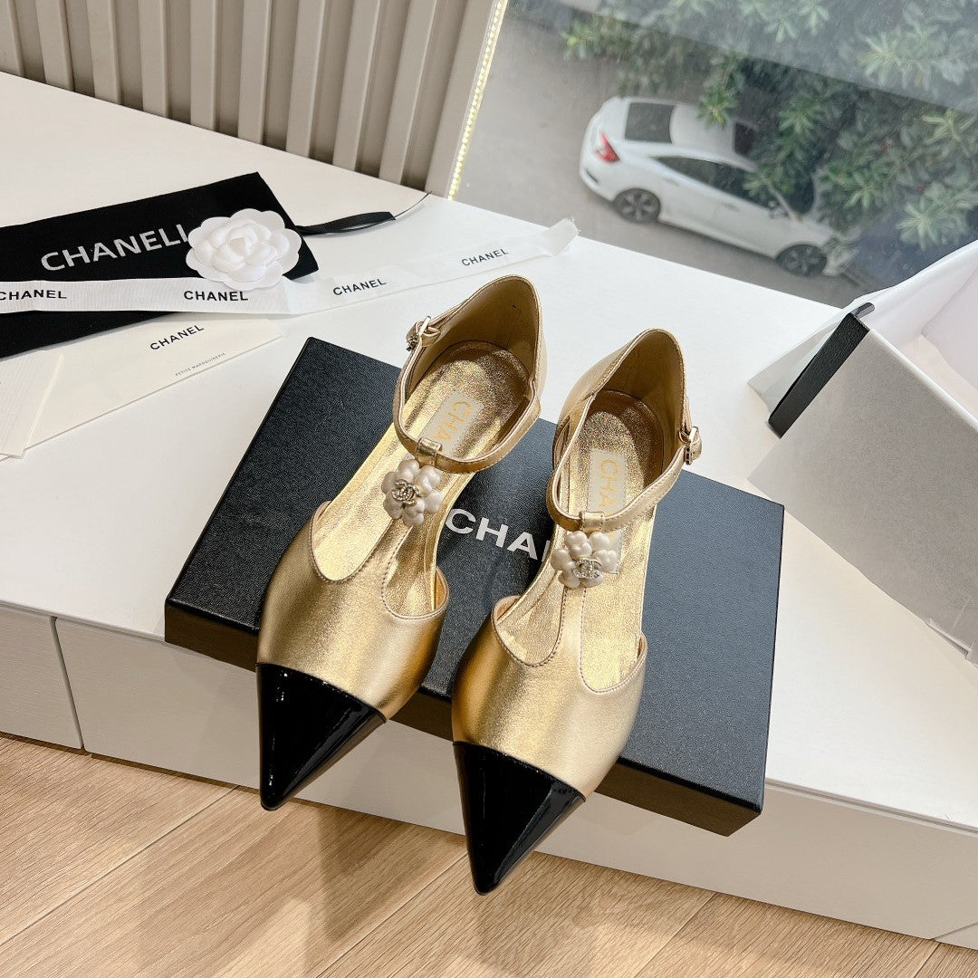 CC 25s Camellia T Strap Slingback 50mm Black Gold Calfskin&Sheepskin 413325