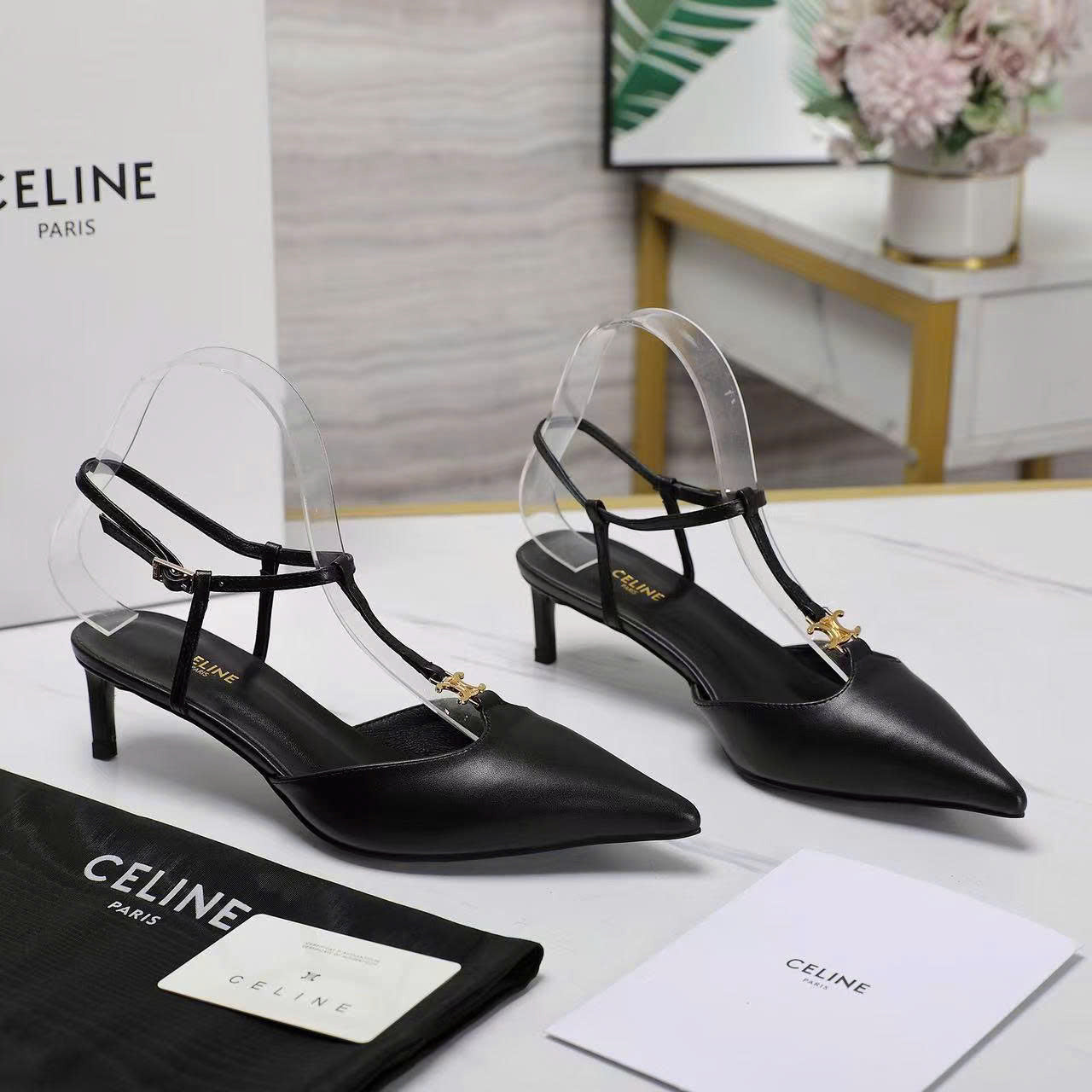 Cel High Heel 5cm Slingbacks in Black Gold Logo Calfskin