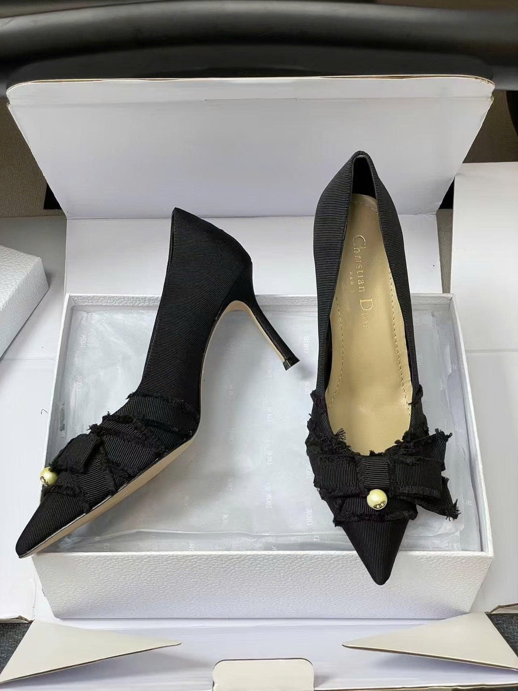 CD Adiorable Pearl Fringe 10cm Pumps in Black Silk Grosgrain