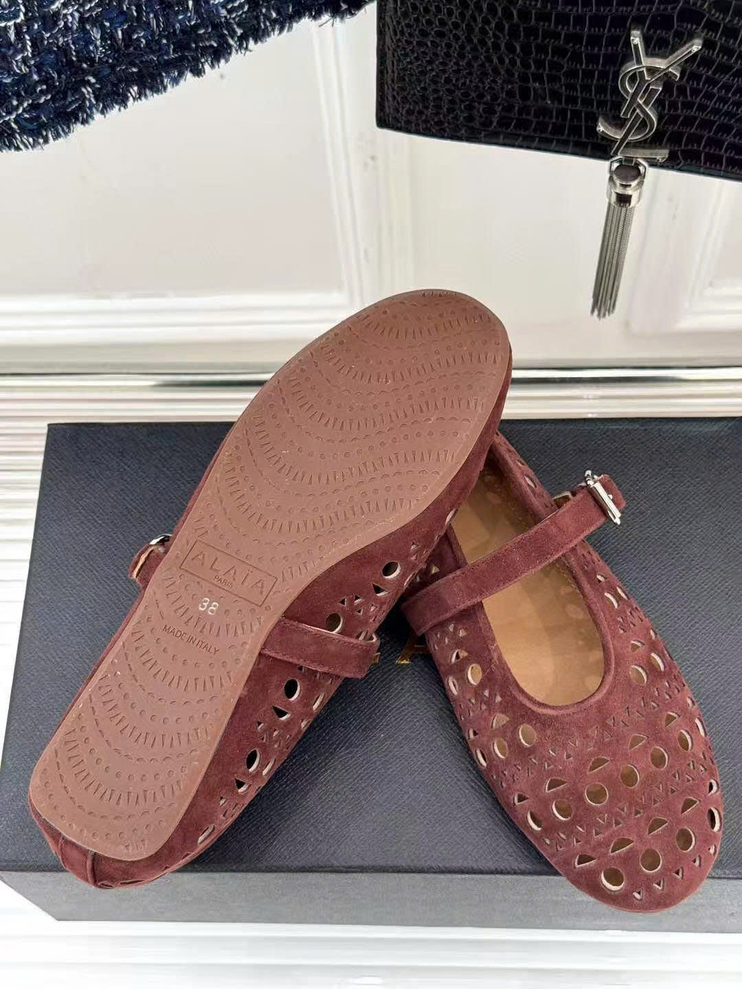ALAIA MARY JANE FLATS CHOCOLATE BROWN SUEDE