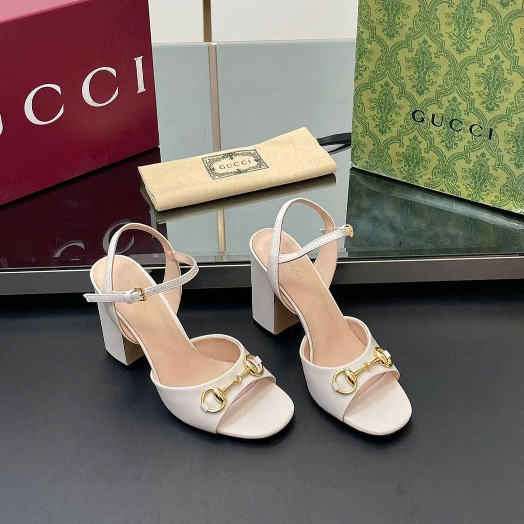 GG Horsebit High Heel Sandals in White Cowhide