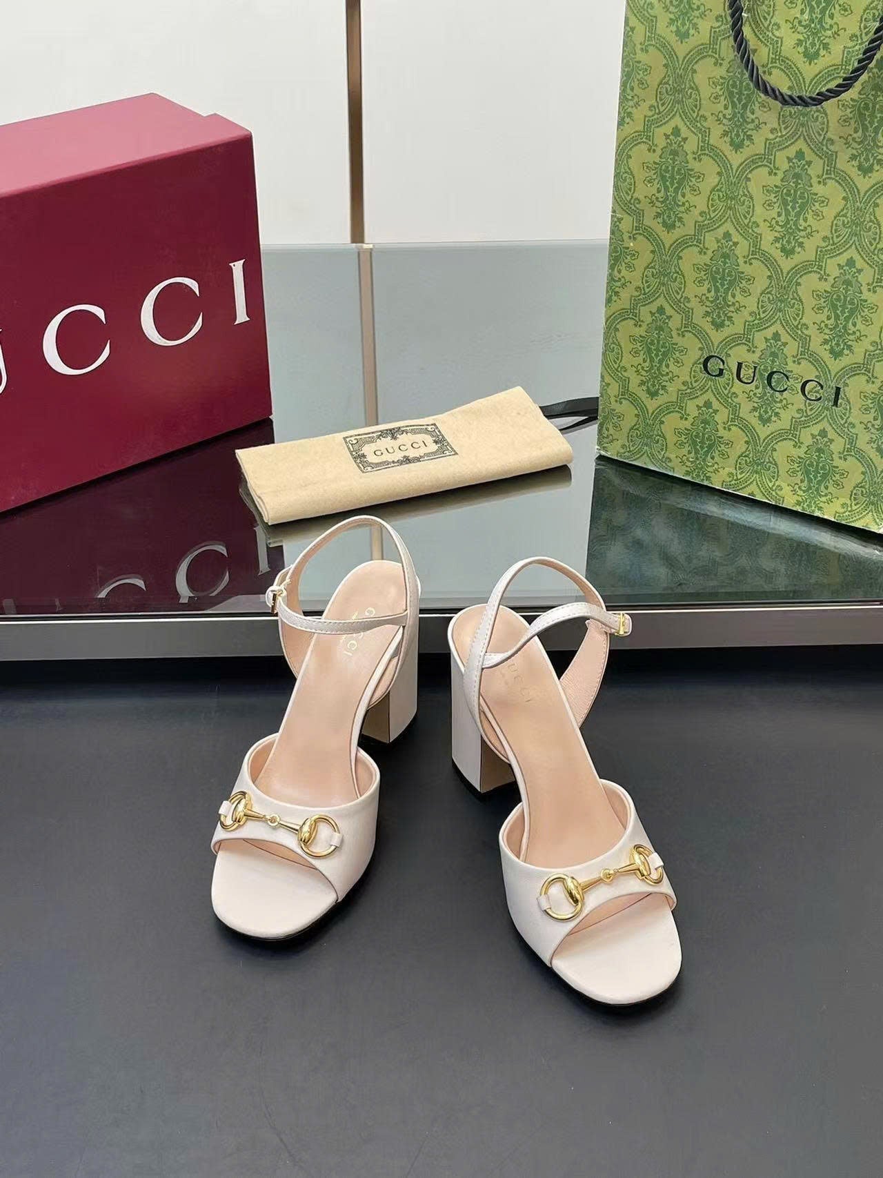 GG Horsebit High Heel Sandals in White Cowhide